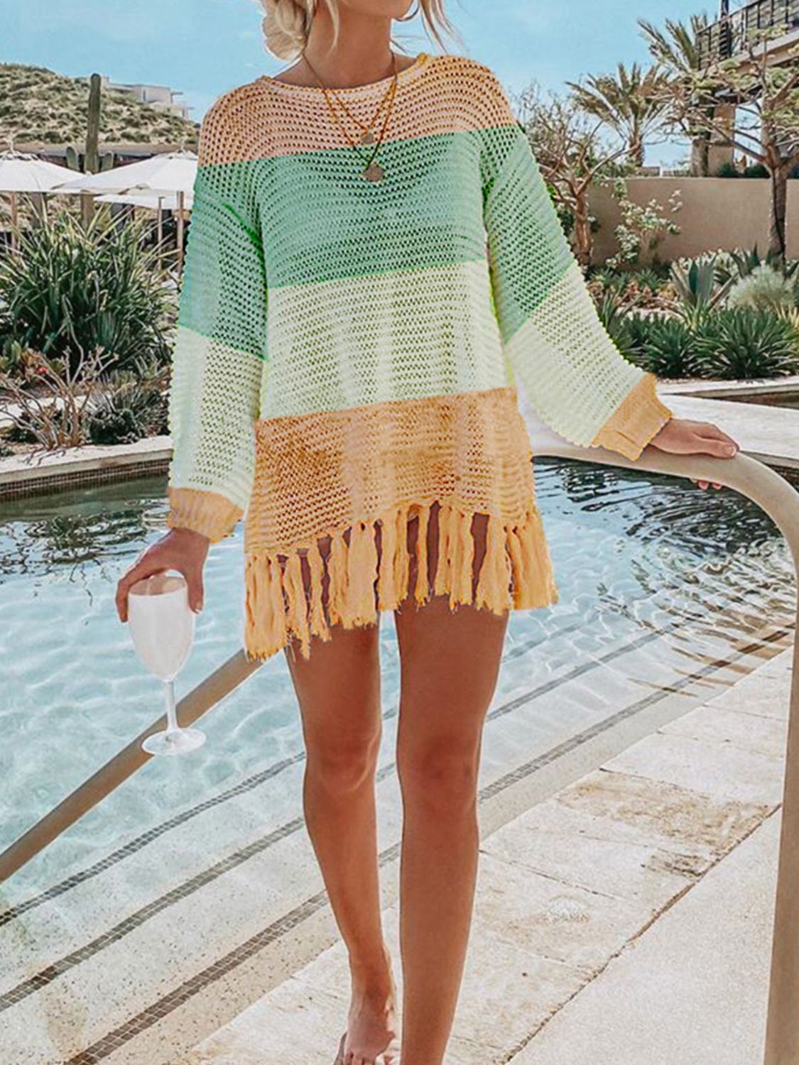 Double Take Openwork Tassel Hem Long Sleeve Knit Cover Up